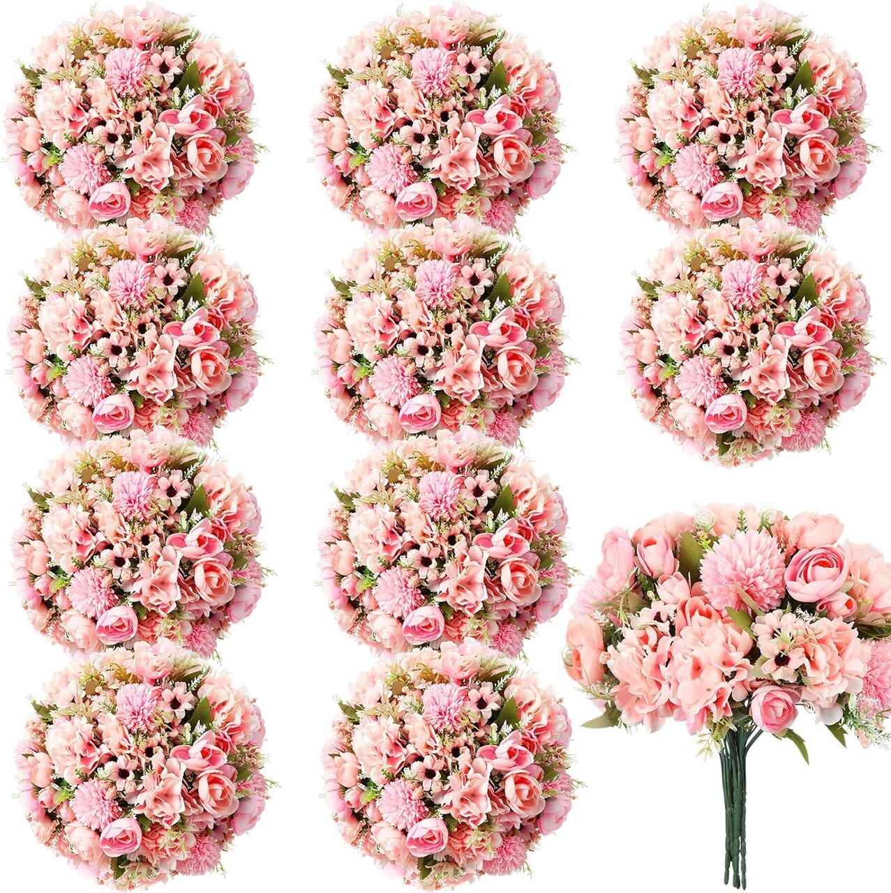 12 PCS Pink Artificial Peonies, Roses & Hydrangea Bouquets – Silk Flower Centerpieces for Weddings, Home, Office, and Party Decor